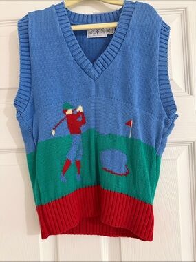 Golf Scene Knit Sweater Vest in Blue, Green & Red
